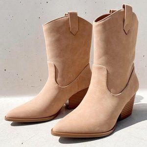 NEW Tan Distress Nubuck Faux Leather Pointy Toe Block Heel Western Ankle Boots